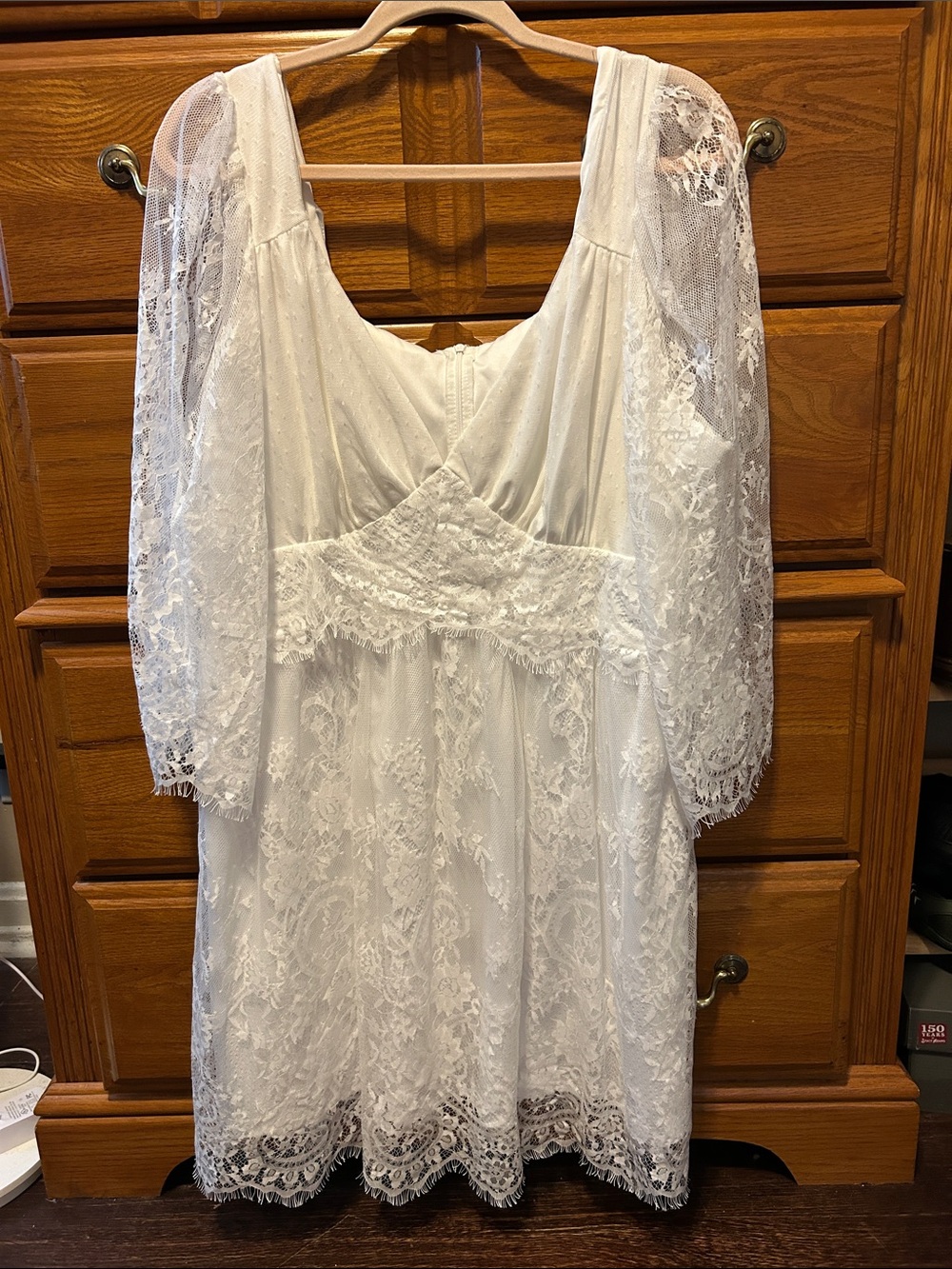 White Lace Midi Dress with Sheer Sleeves